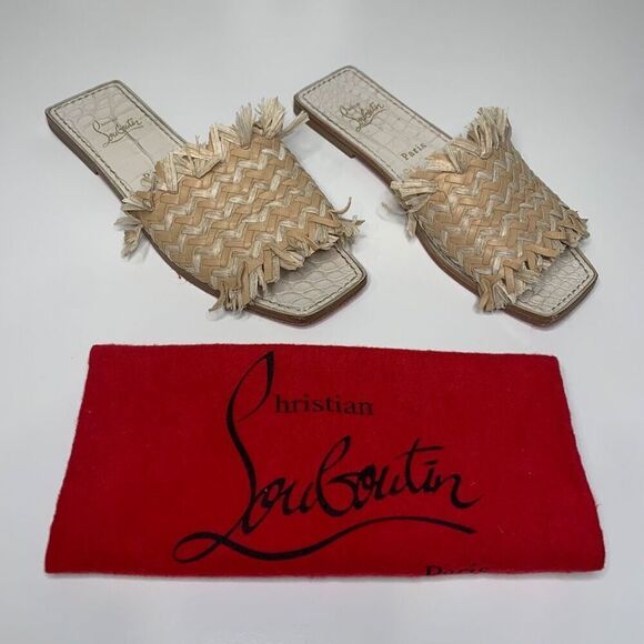Christian Louboutin Soudana Raffia Flat Slip On Sandals EU 36.5 US 6.5 Low Heel - Picture 1 of 10